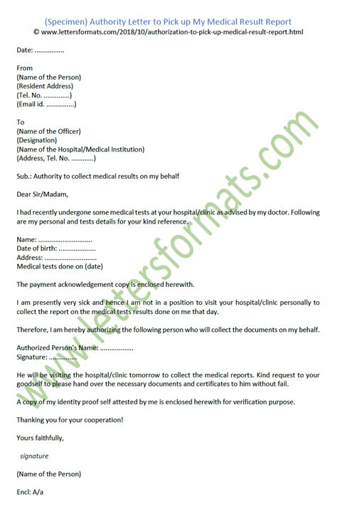 Sample Authority Letter to Pickup My Medical Result .
